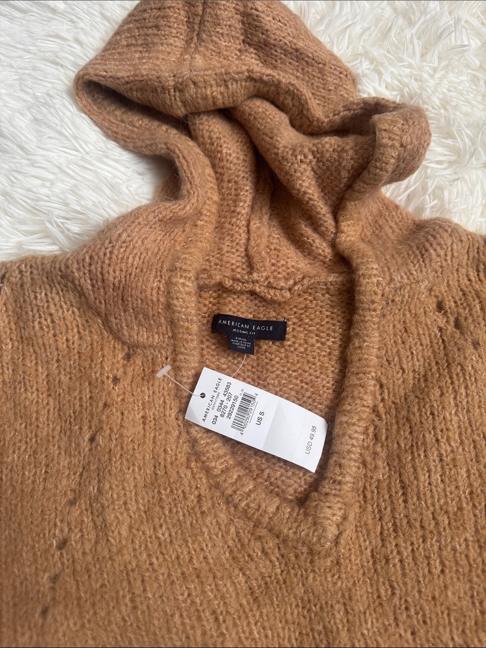American Eagle Womens Outfitters V-Neck Hooded Sweater in Camel Brown